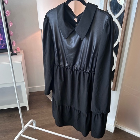 Tiered collared long sleeve mixed media mini dress - Picture 3 of 5